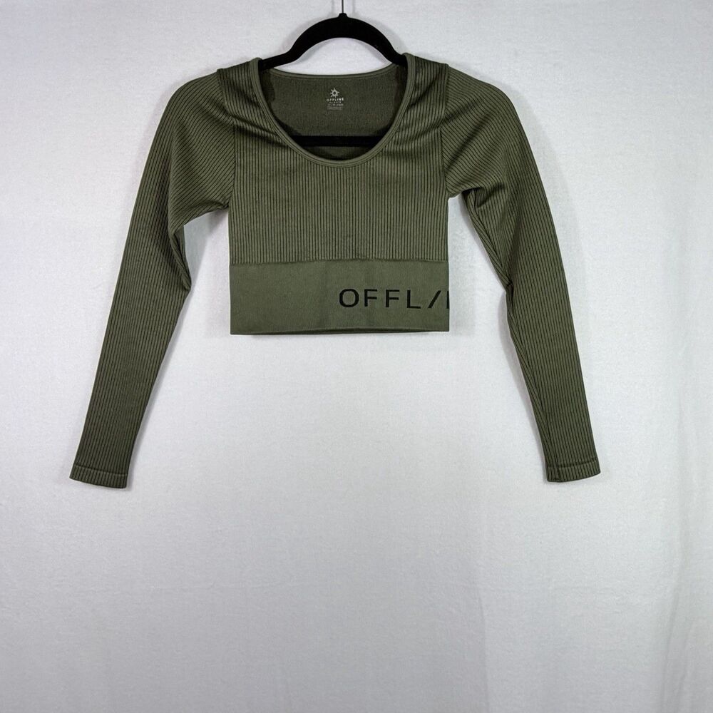 Offline By Aerie Olive Green Long Sleeve Ribbed Crop Top XS Workout Activewear